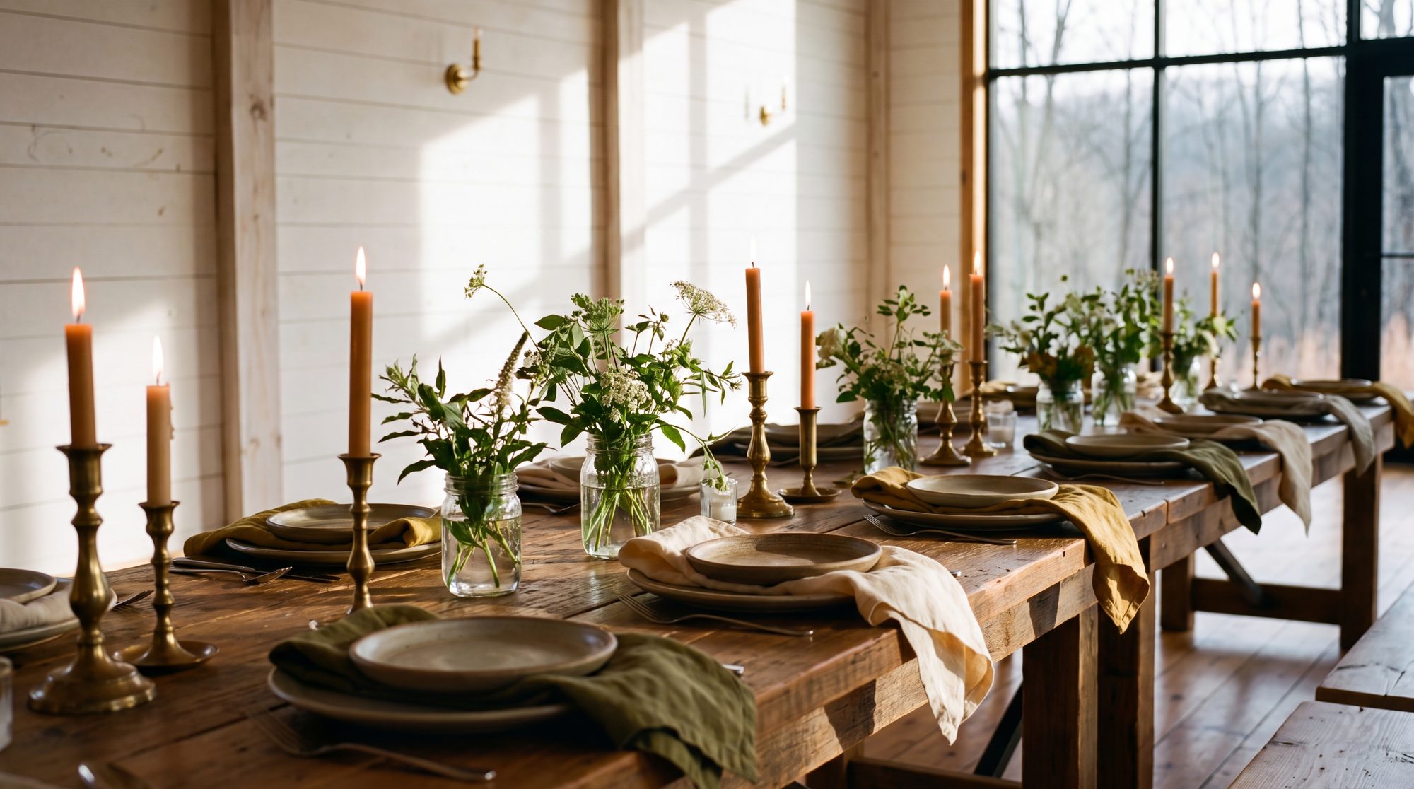 Candles, greenery and stoneware on the long table