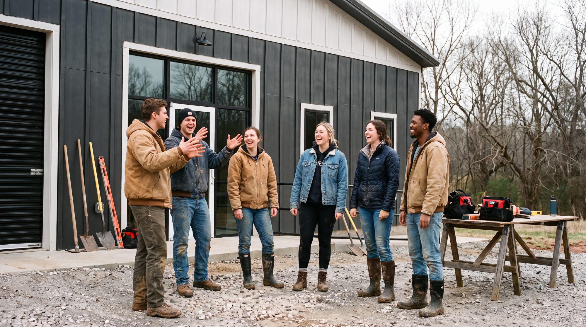 A cohort outside the building, mid-conversation