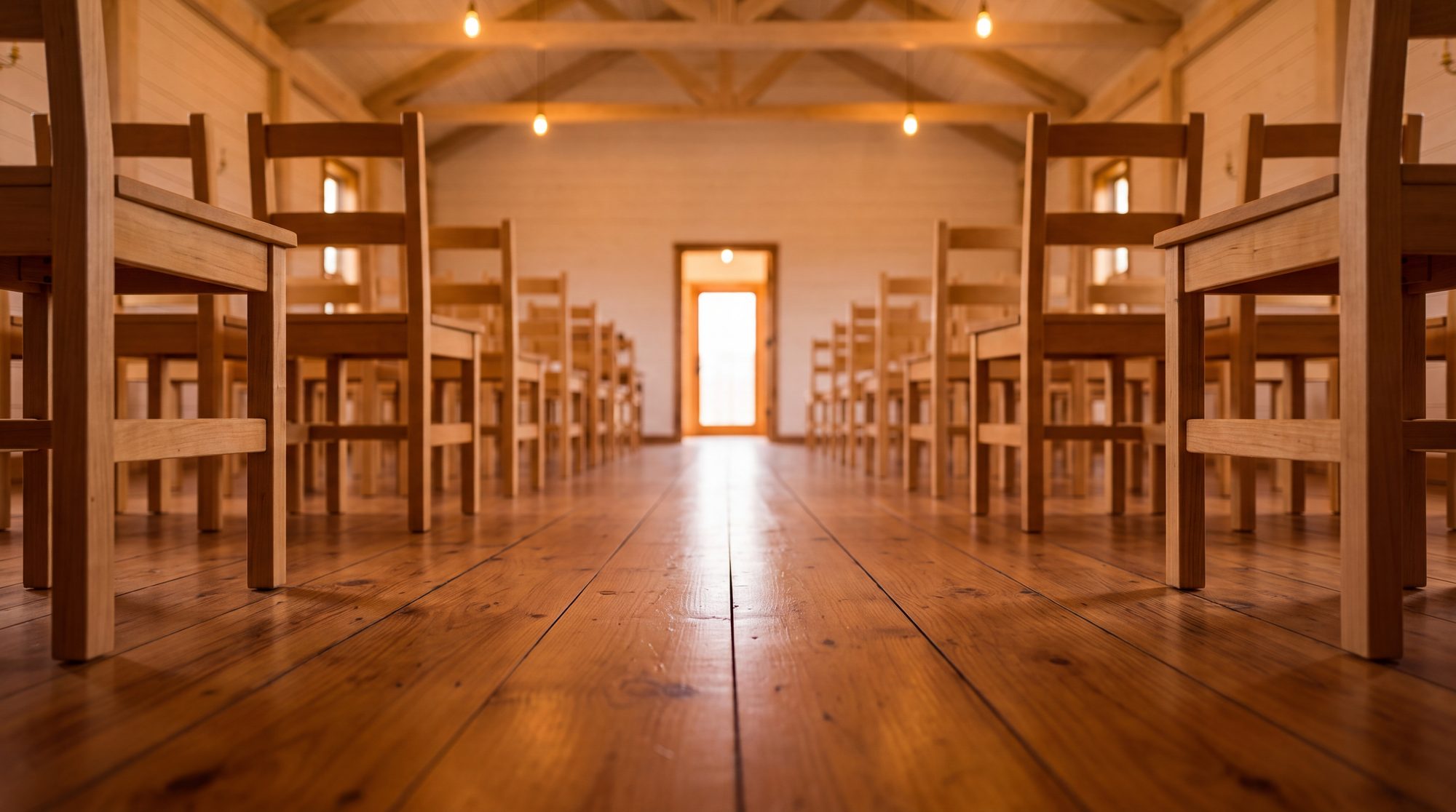 Along the plank floor between rows of chair legs