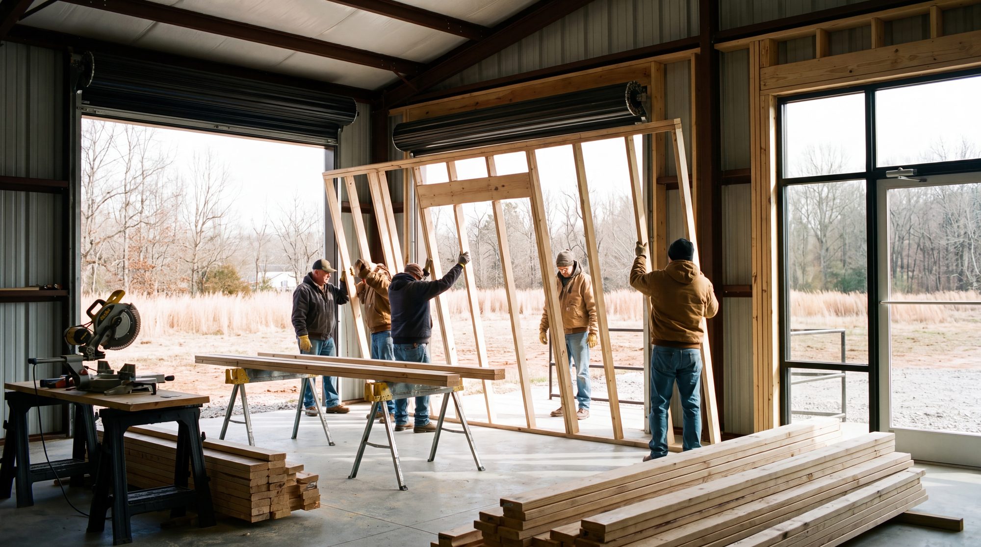 Volunteers raising timber wall framing inside the shell