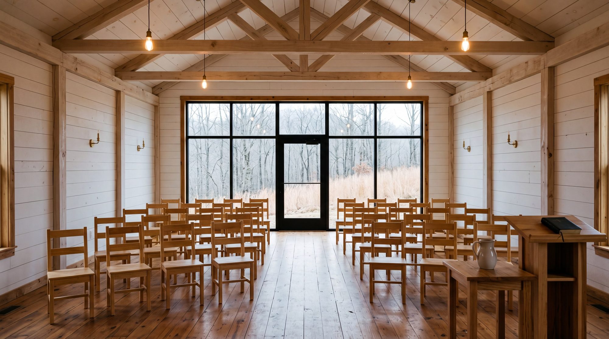 The main hall, chairs set, daylight through the glass wall