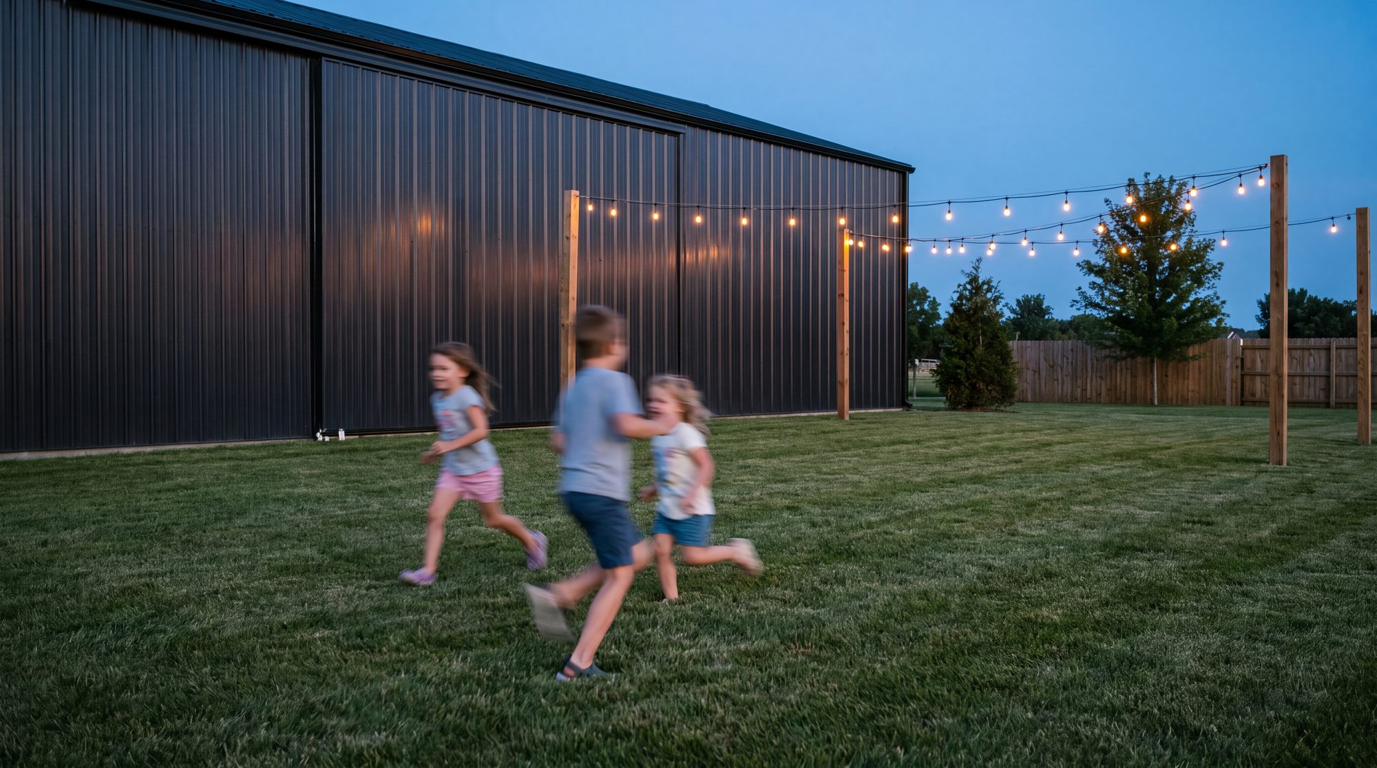 Children running in the yard as the lights come on