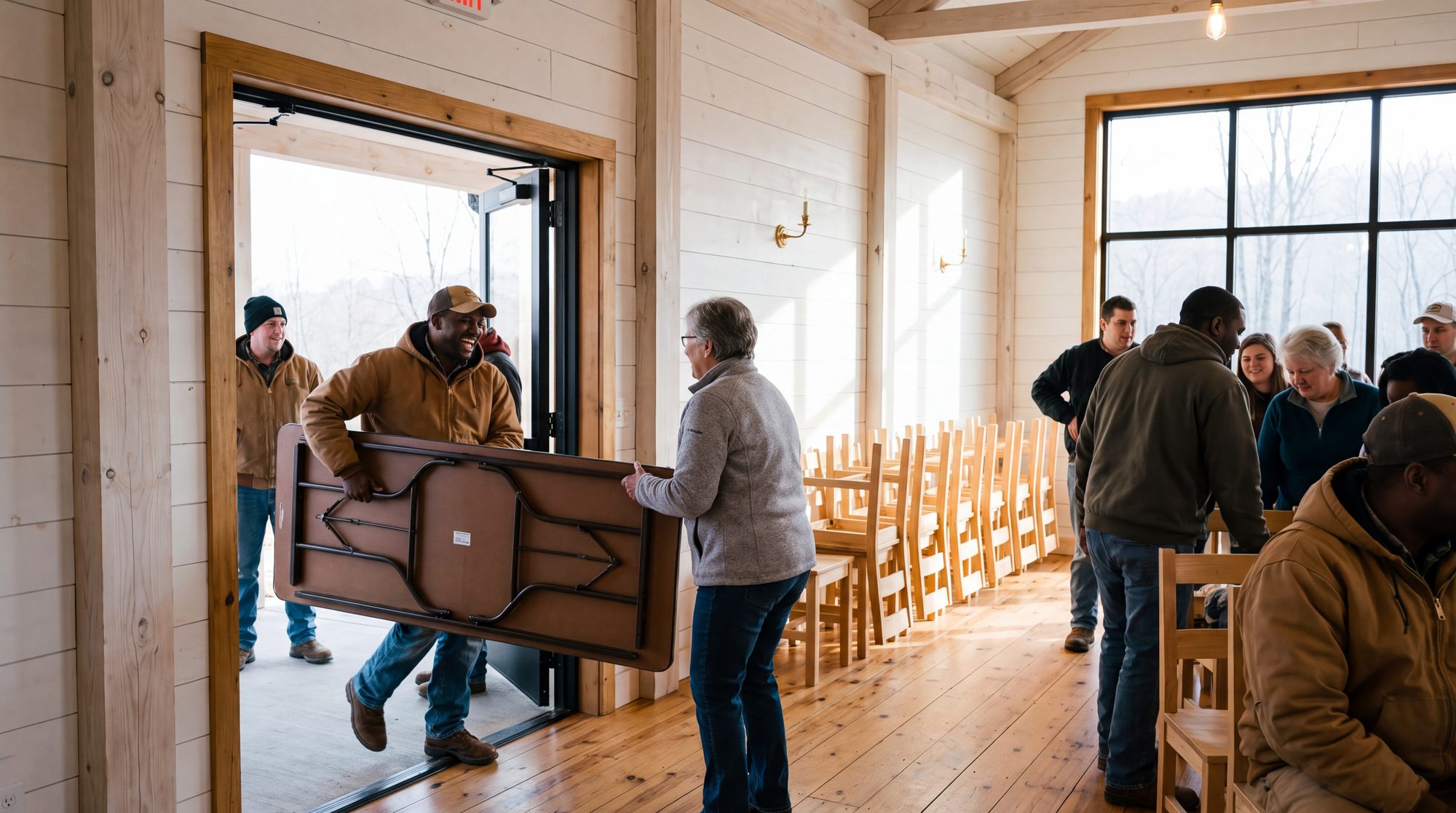 Two people carrying a folding table in through the door