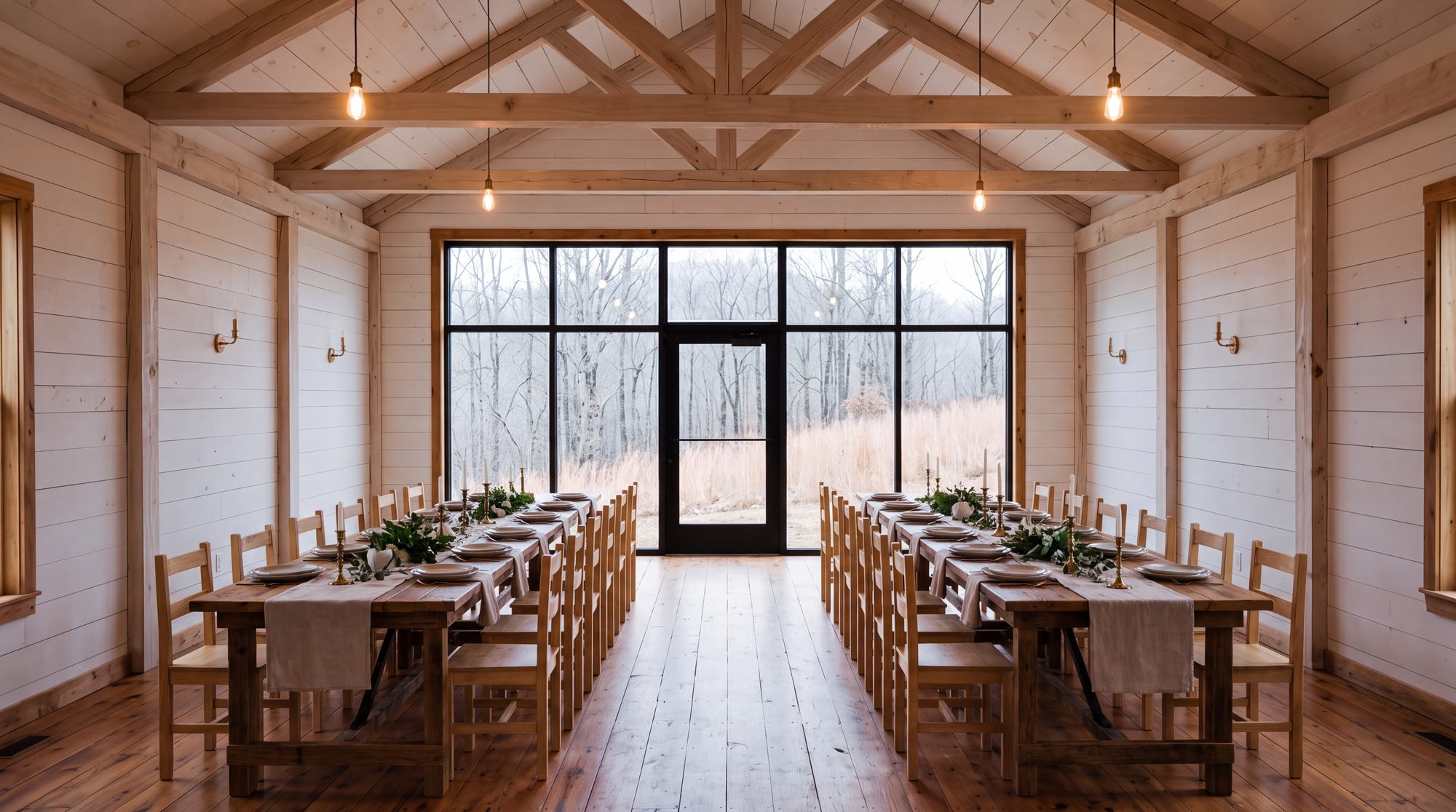 One long table running the length of the hall, set for twenty
