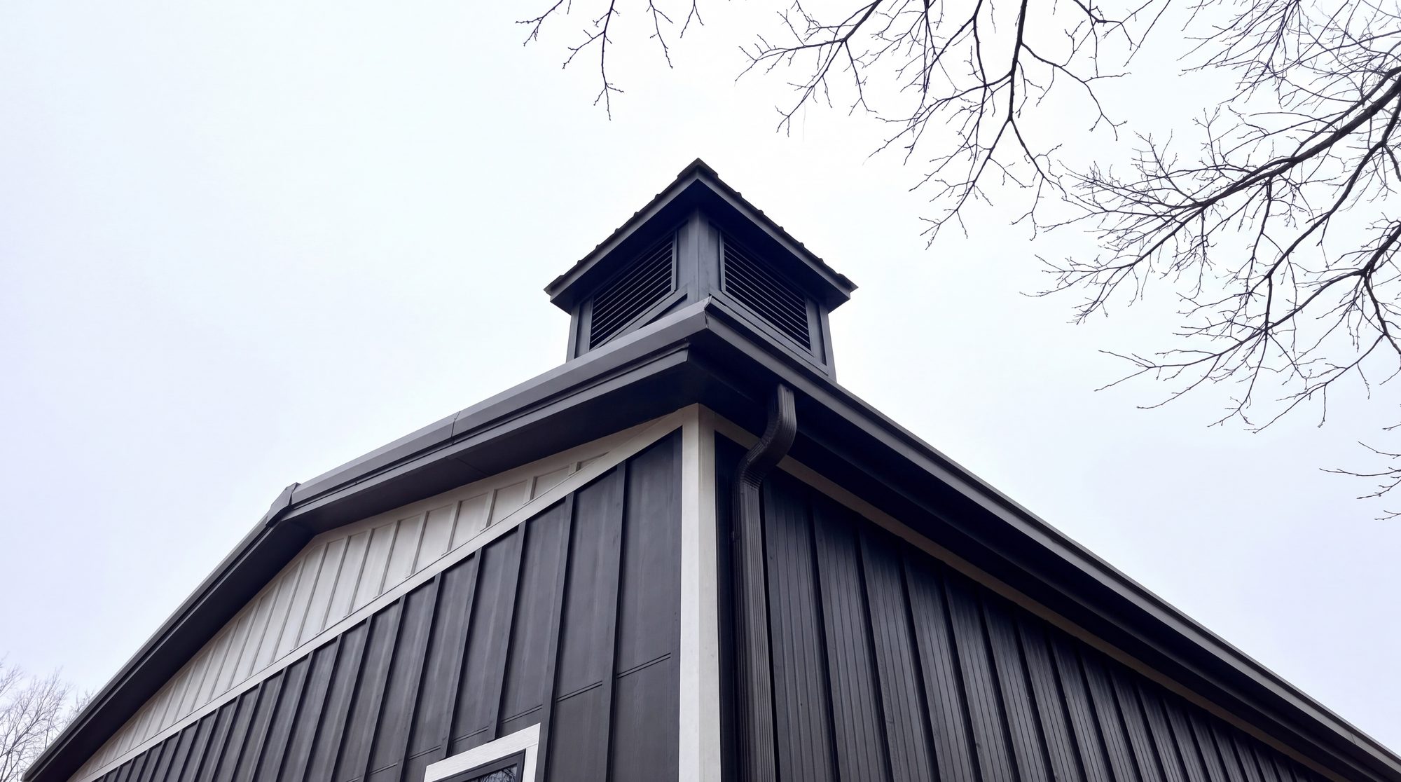 Looking up at the roofline and cupola