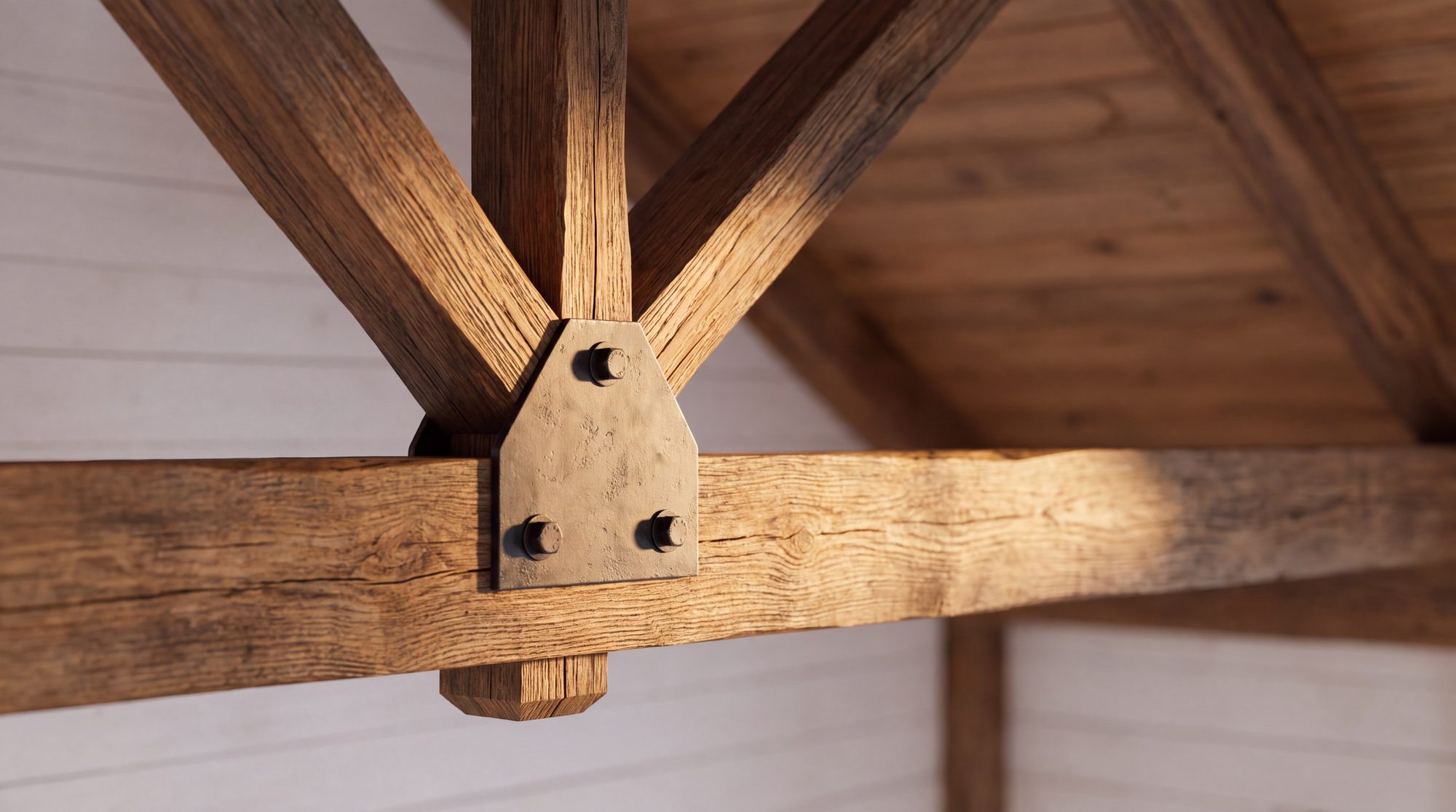 A timber king-post truss joint, bolt and steel plate