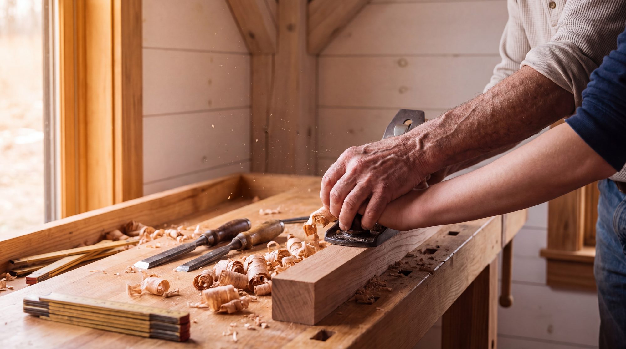 Hands running a plane along a board at the bench